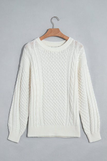 Beige Solid Color Cable Detail Knit Loose Round Neck Sweater