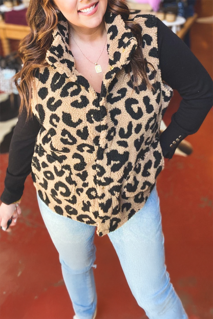 Khaki Leopard Sherpa Button Front Collared Plus Size Vest Jacket