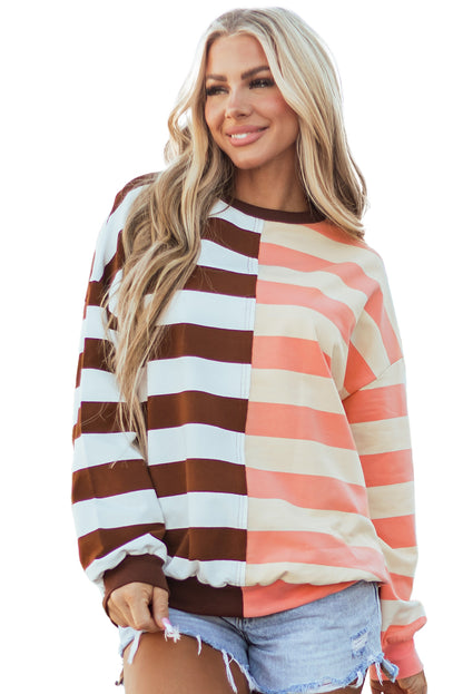 Brown Stripe Color Block Drop Shoulder Pullover Sweatshirt