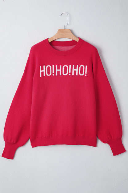 Fiery Red HO HO HO MERRY CHRISTMAS Drop Shoulder Loose Sweater
