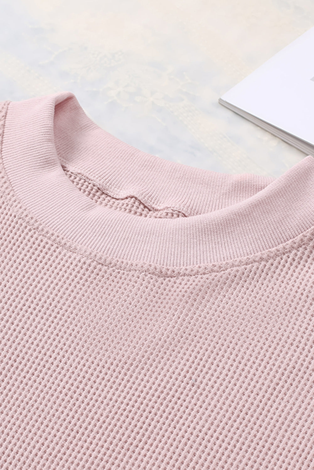 Pink Crew Neck Ribbed Trim Waffle Knit Top