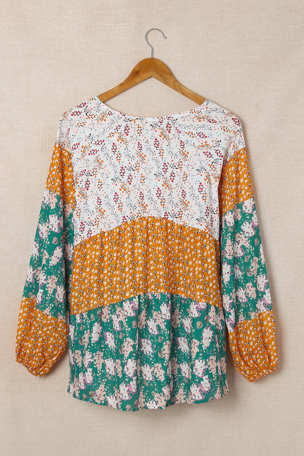 Green Color Block Floral Print Loose Blouse