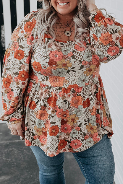 Khaki Plus Size Flower Print Square Neck Peplum Blouse