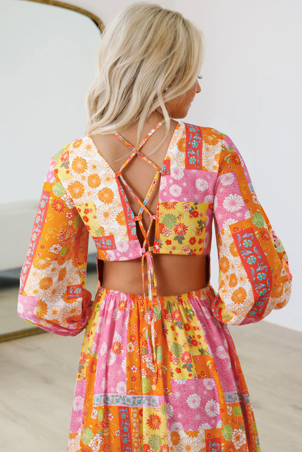 Orange Floral Patchwork Print Cut out Tied Back Bracelet Sleeve Maxi Dress