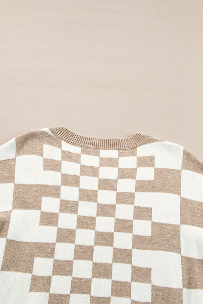 Khaki Checkered Print Drop Shoulder Round Neck Sweater