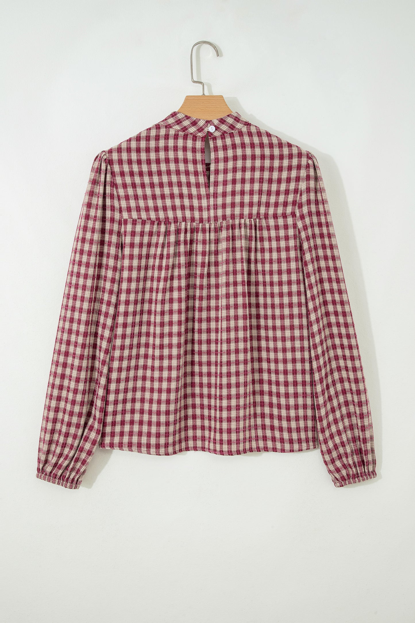 Coral Country Plaid Long Sleeve Button Keyhole Pleated Loose Blouse