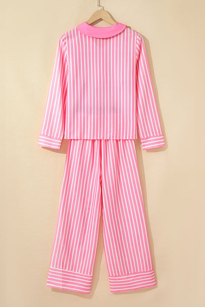Pink Stripe Buttoned Front Long Sleeve Top and Pants 2 Piece Sleepwear