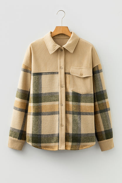 Parchment Retro Plaid Corduroy Patchwork Shacket