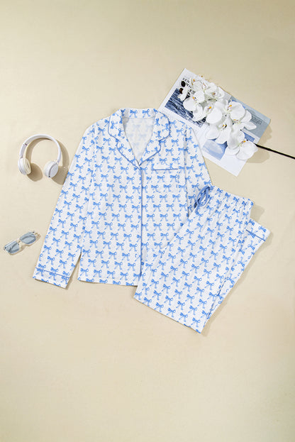 Sky Blue Bow Print Long Sleeve Shirt and Pants Soft Pajama Set