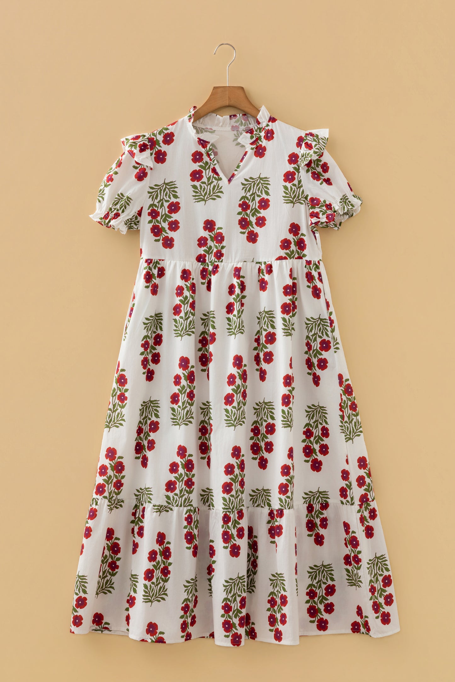 Beige Floral Short Bubble Sleeve Tiered Maxi Dress