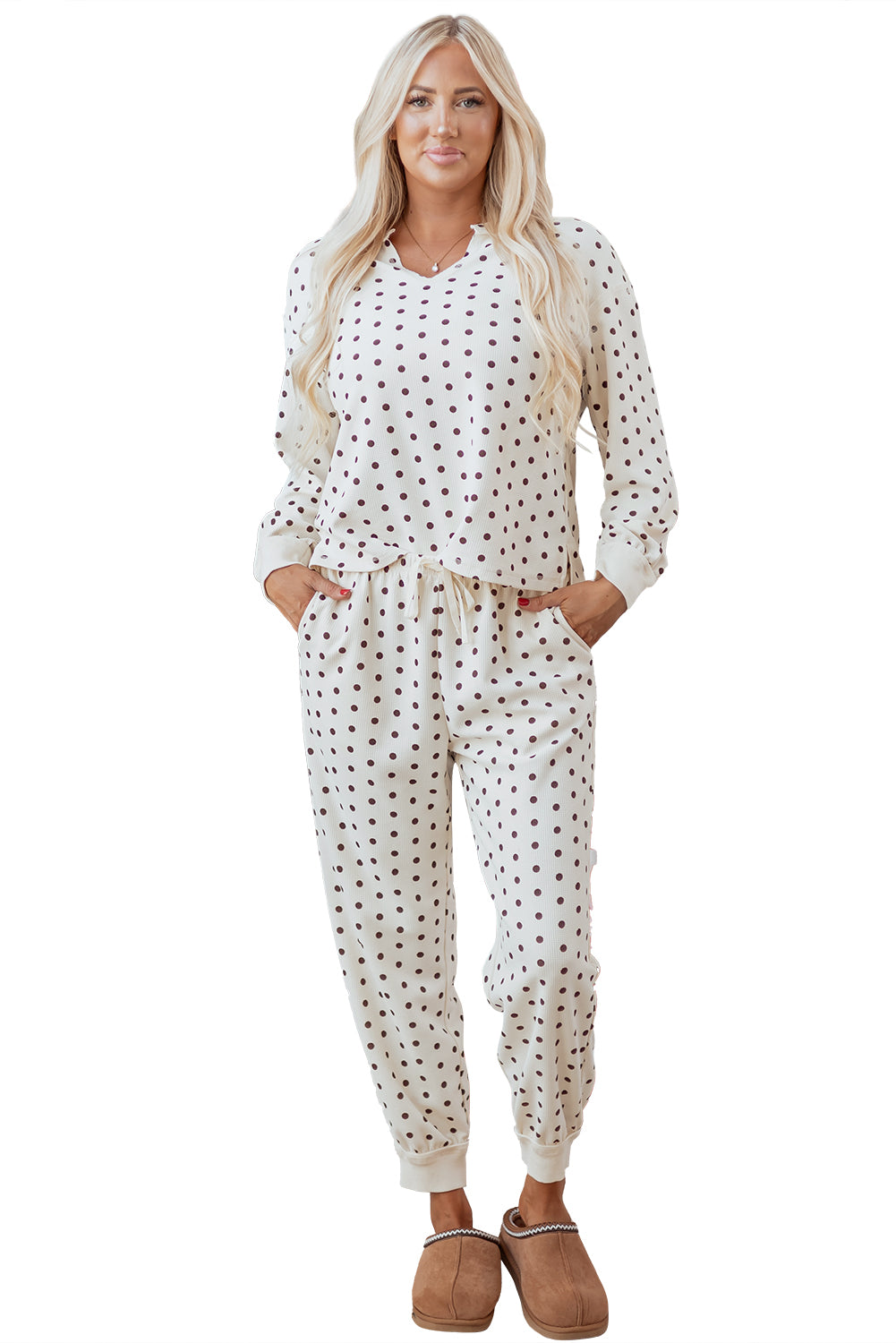 White Polka Dot Print Notched Neck Long Sleeve Top Drawstring Jogger Pants Waffle Knit Lounge Set