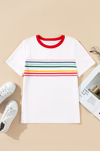 White Rainbow Stripe Print Contrast Crewneck T Shirt