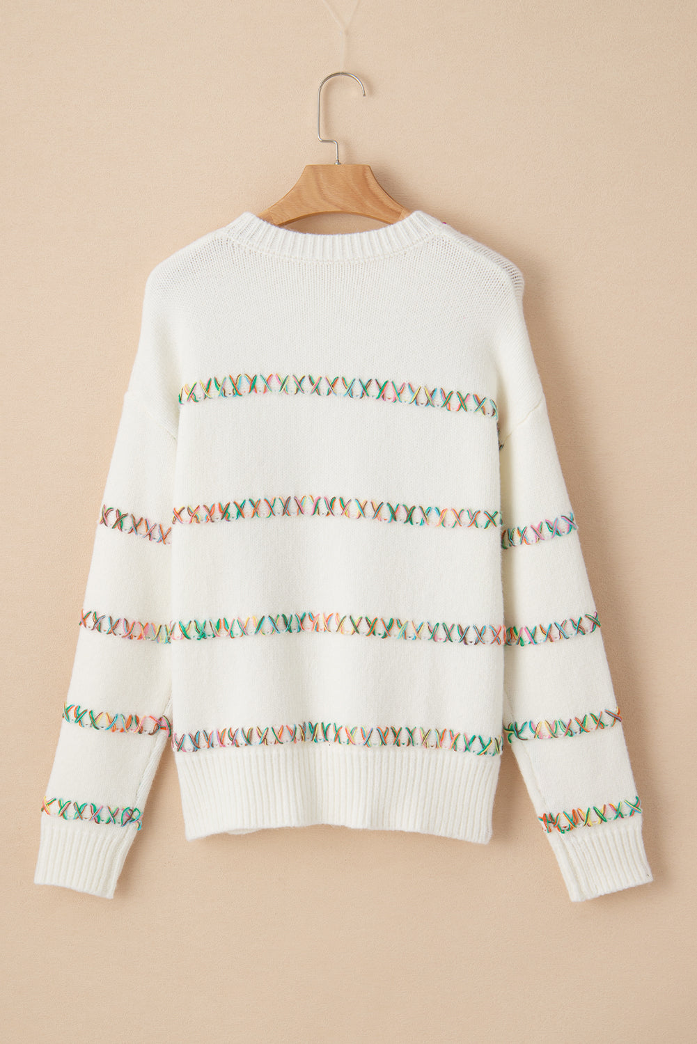 White Colorful Crossed Stitch Drop Shoulder Sweater