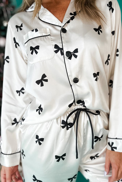 White Bows Print Two Piece Sleepwear