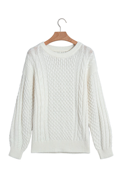 Beige Solid Color Cable Detail Knit Loose Round Neck Sweater