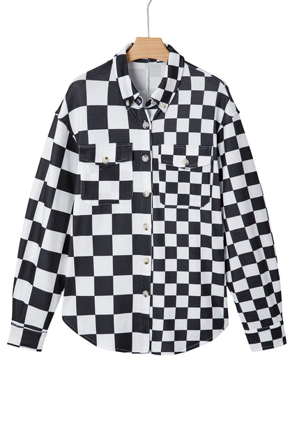 Black Checkerboard Flap Pocket Button Front Shacket
