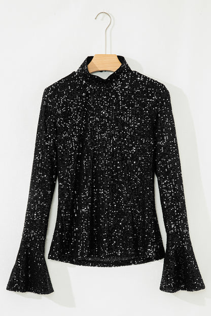Black Sequin Mock Neck Drape Open Back Bell Sleeve Top