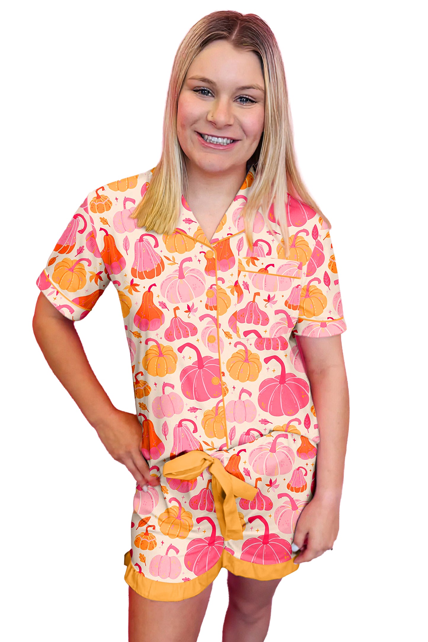 Pink Short Sleeve Pumpkin Print Pocket Placket Shell Button Lounge Set