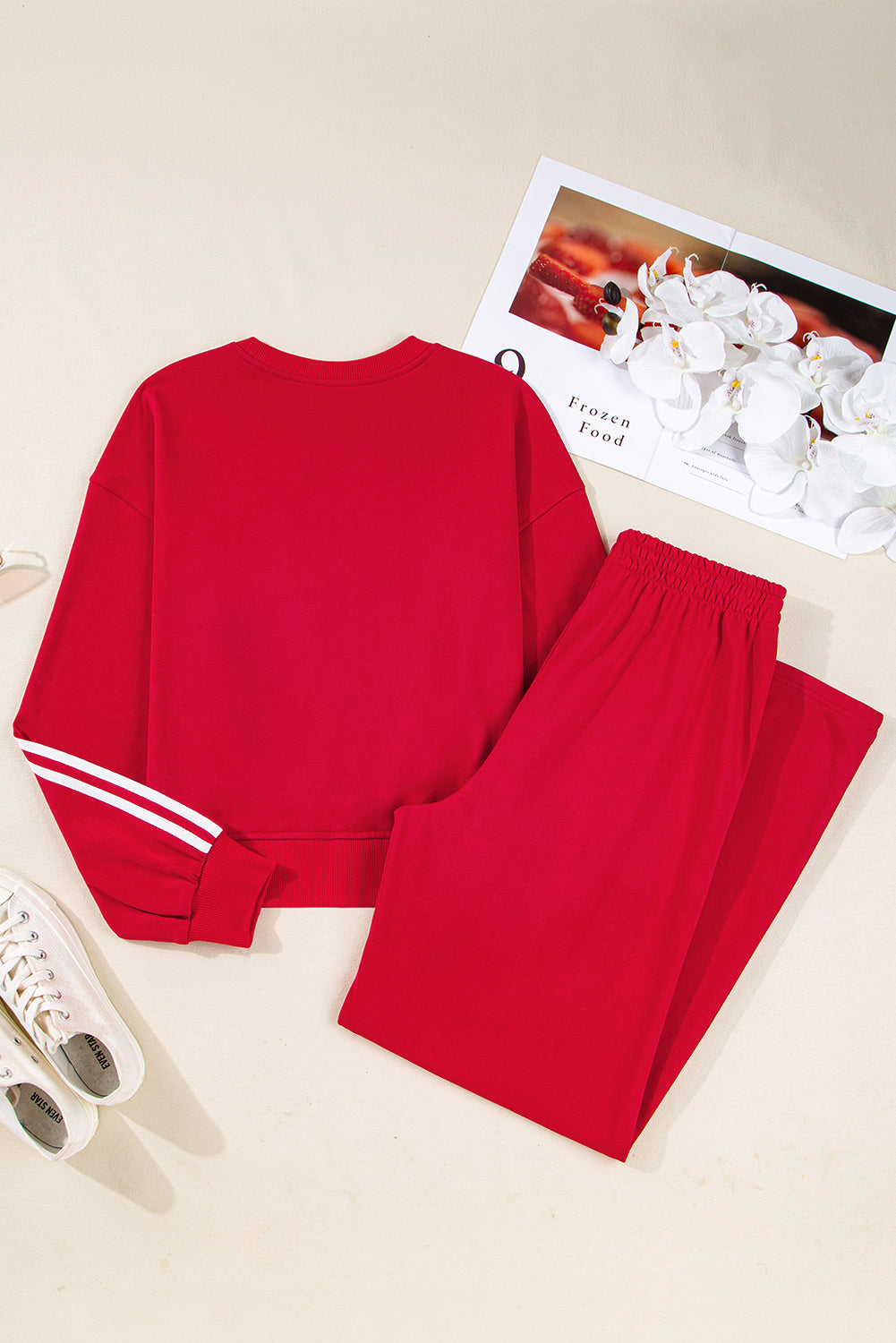 Fiery Red Varsity Striped Detail Crewneck Pullover Elastic Sweatpants 2pcs Outfit