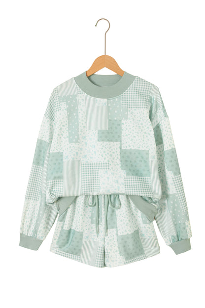 Sky Blue Patchwork Floral Print Drop Shoulder Baggy Pullover Drawstring Shorts Set