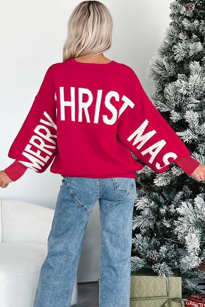 Fiery Red HO HO HO MERRY CHRISTMAS Drop Shoulder Loose Sweater