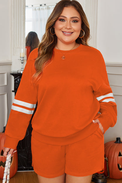 Orange Plus Size Varsity Striped Drop Shoulder Pullover Drawstring Elastic Waistband Short Set