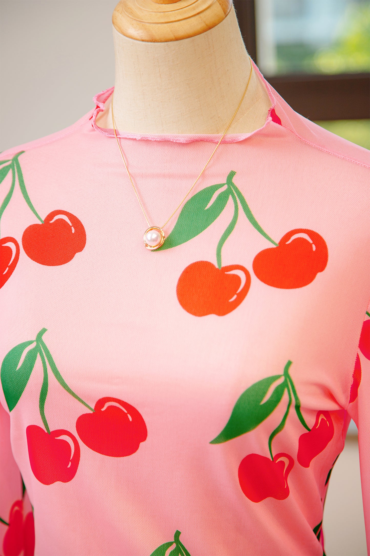 Pink Cherry Print Lettuce Trim Long Sleeve Mesh Top