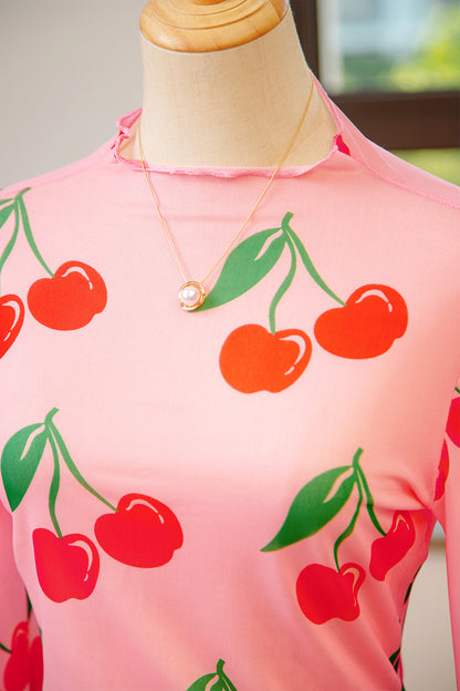 Pink Cherry Print Lettuce Trim Long Sleeve Mesh Top