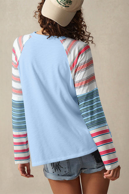 Pink Color Block Round Neck Exposed Seam Patchwork Striped Long Sleeve Top