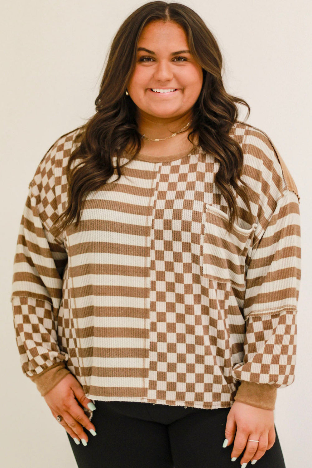 Khaki Striped Checkered Mixed Print Chest Pocket Casual Plus Size Top