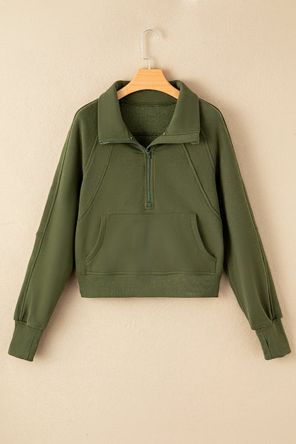 Green Fleece Lined Zip Up Stand Collar Thumbhole Sleeve Sweatshirt