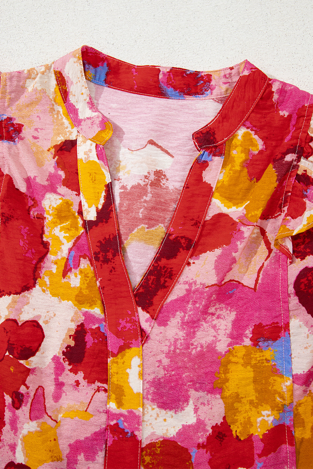 Red Abstract Print Split V Neck Ruffle Short Sleeve Blouse