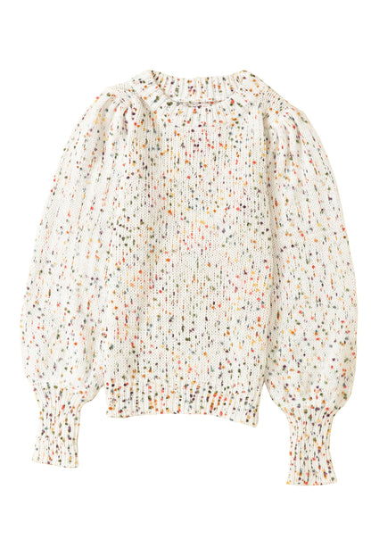 Beige Colorful Confetti Dots Cable Knit Crew Neck Sweater