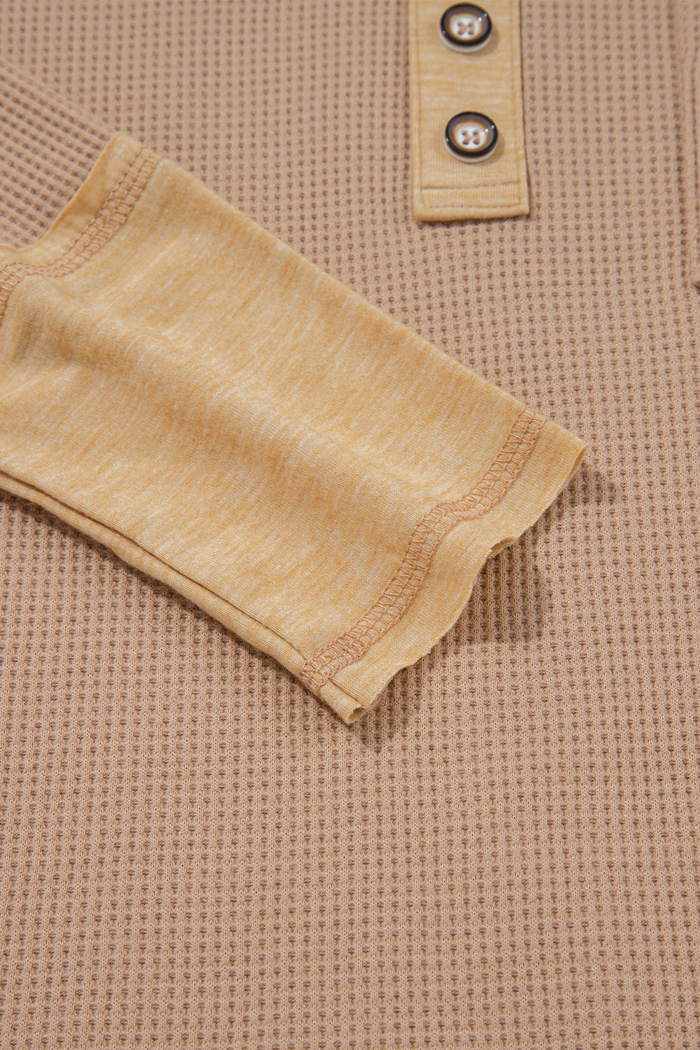 Dark Khaki Color Block Waffle Textured Tunic Henley Top with Slits