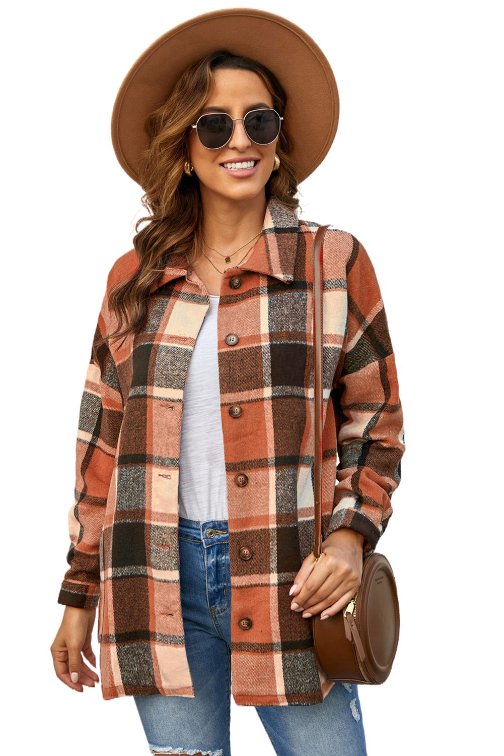 Orange Plaid Print Buttoned Shirt Jacket