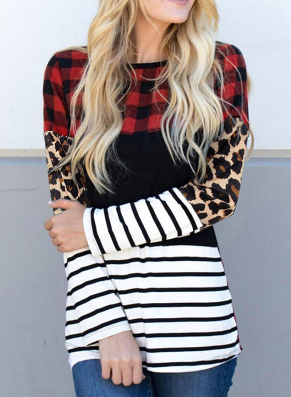 Plaid Print Leopard Splicing Striped Color Block Long Sleeve Top