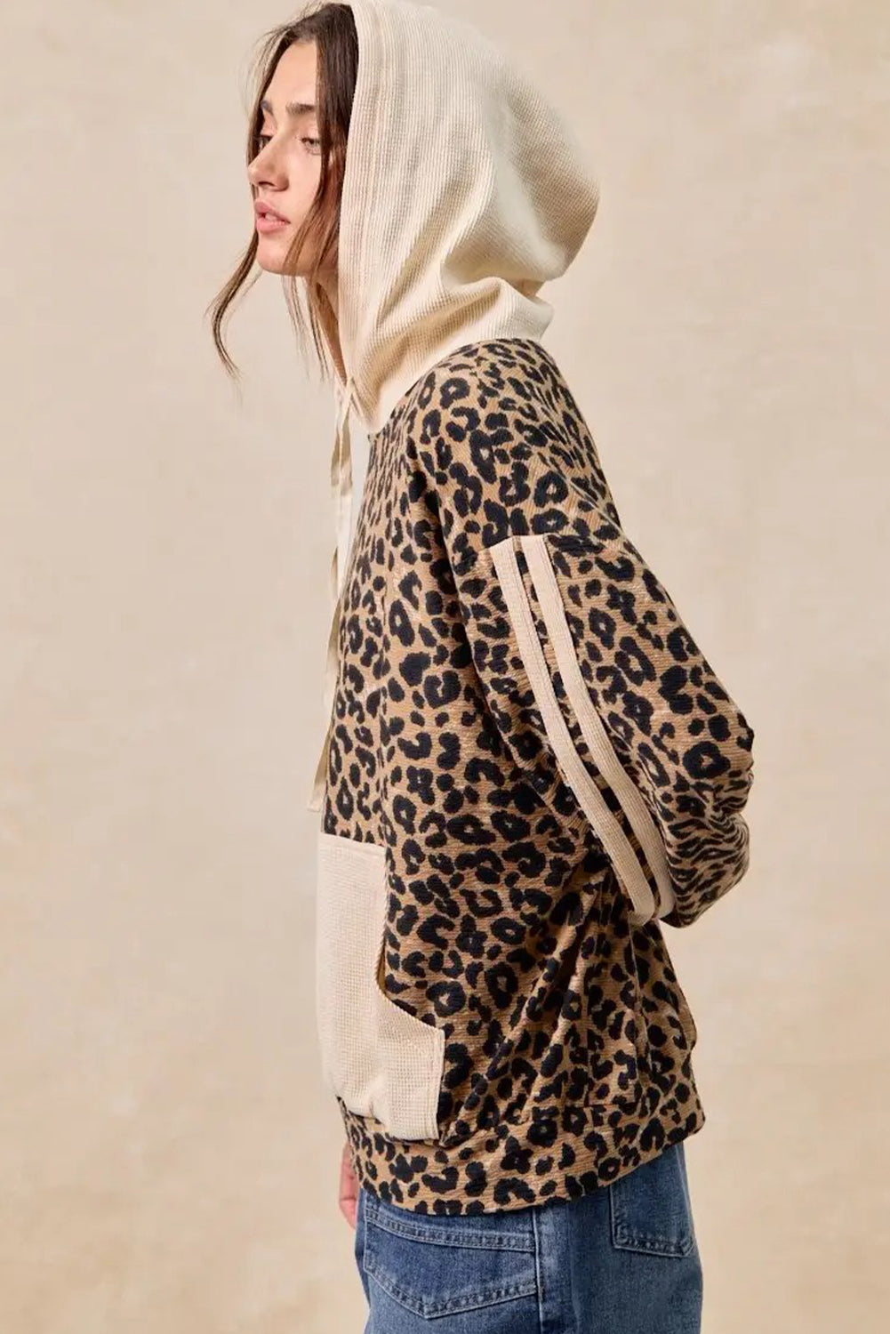 Leopard Print Waffle Contrast Kangaroo Pocket Hooded Sweatshirt