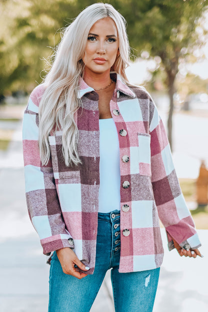 Plaid Color Block Buttoned Long Sleeve Jacket with Pocket