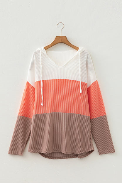 Gold Flame Ribbed Colorblock Hooded Pullover Long Sleeve Top