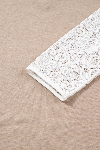 Oatmeal V Neck Contrast Lace Patchwork Long Sleeve Top