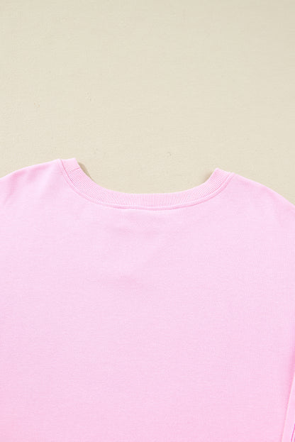 Pink Plus Size Mix Floral Patched Sleeve Ribbed Trim Baggy Sweatshirt