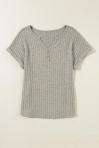 Parchment Wide Ribbed Notched V Neck Button Decor T shirt