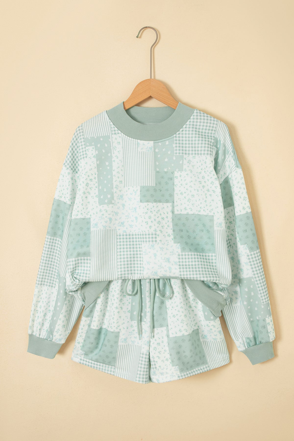 Sky Blue Patchwork Floral Print Drop Shoulder Baggy Pullover Drawstring Shorts Set