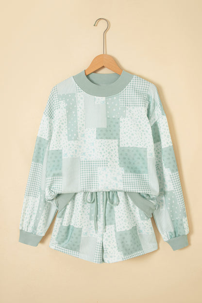 Sky Blue Patchwork Floral Print Drop Shoulder Baggy Pullover Drawstring Shorts Set