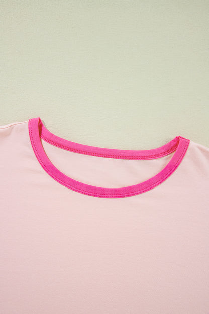 Pink Color Block Stitching Sleeve Round Neck Oversize Top