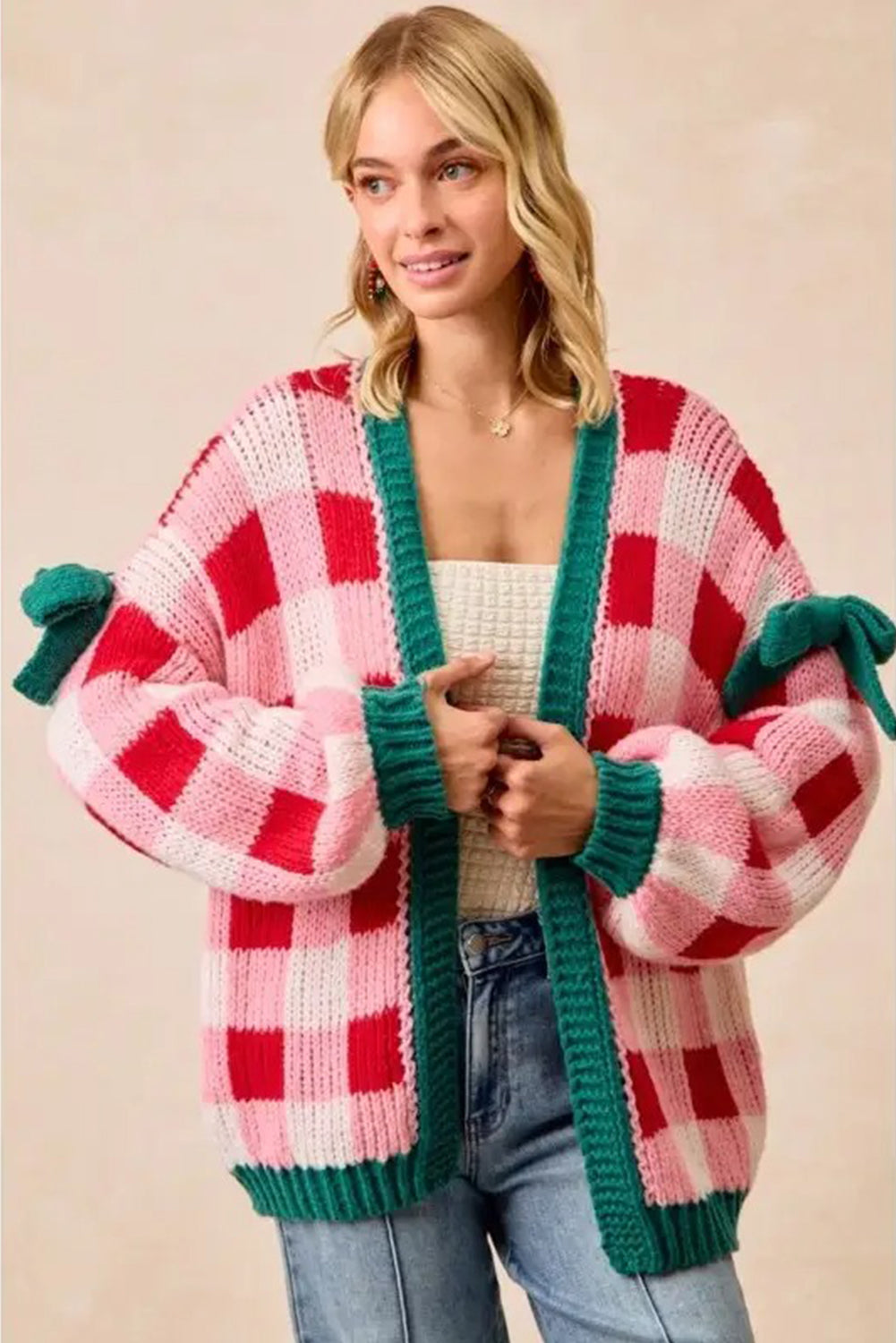 Pink Plaid Knit Bow Knot Decor Open Front Sweater Cardigan