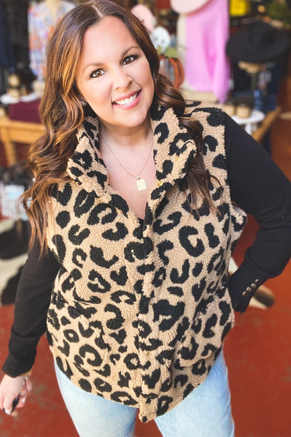 Khaki Leopard Sherpa Button Front Collared Plus Size Vest Jacket