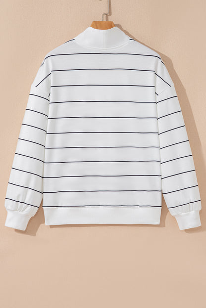 White Zip V Neck Casual Stripe Print Drop Shoulder Long Sleeve Top
