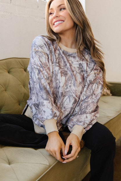 Khaki Abstract Camo Print Colorblock Trim Side Split Tunic Sweatshirt