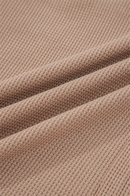 Straw Yellow Waffle Stripe Plaid Patchwork Henley Knit Top